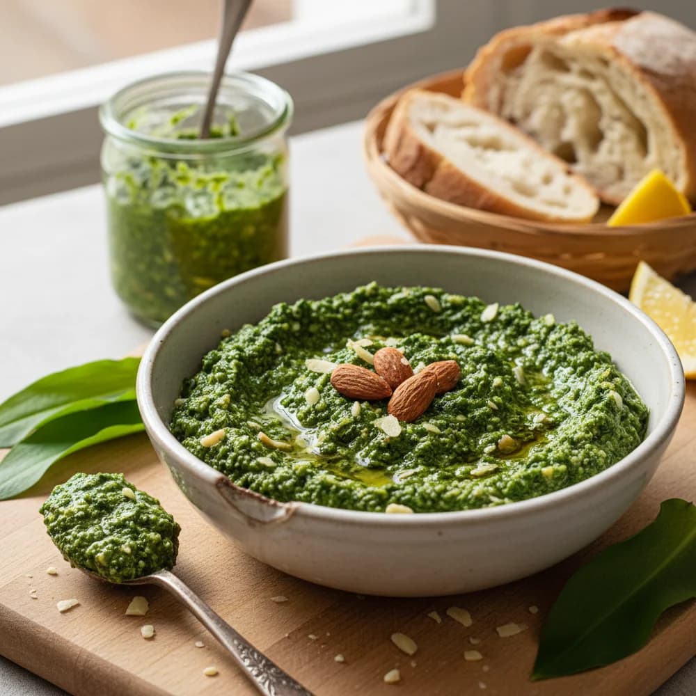 Aromatic Fresh Wild Garlic Pesto with Roasted Almonds