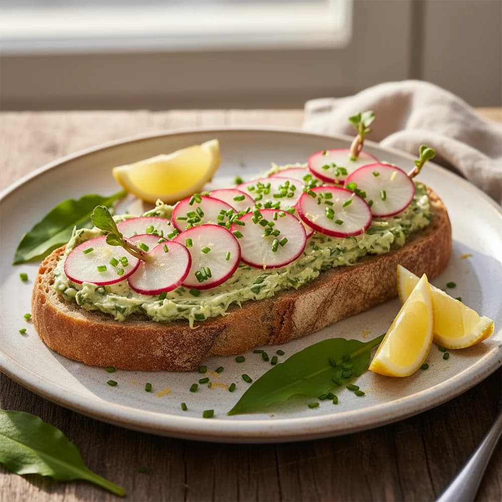 Aromatic Wild Garlic Lemon Butter Toast with Radishes
