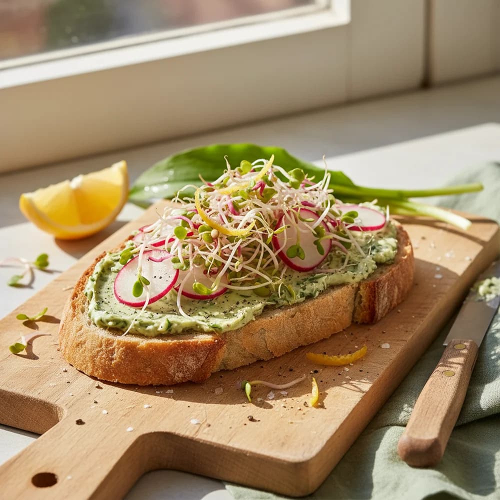 Aromatic Wild Garlic and Lemon Butter Toast with Radish Sprouts