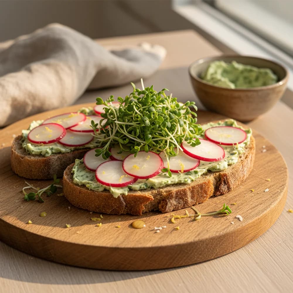 Aromatic Wild Garlic and Lemon Butter Toast with Radishes and Cress