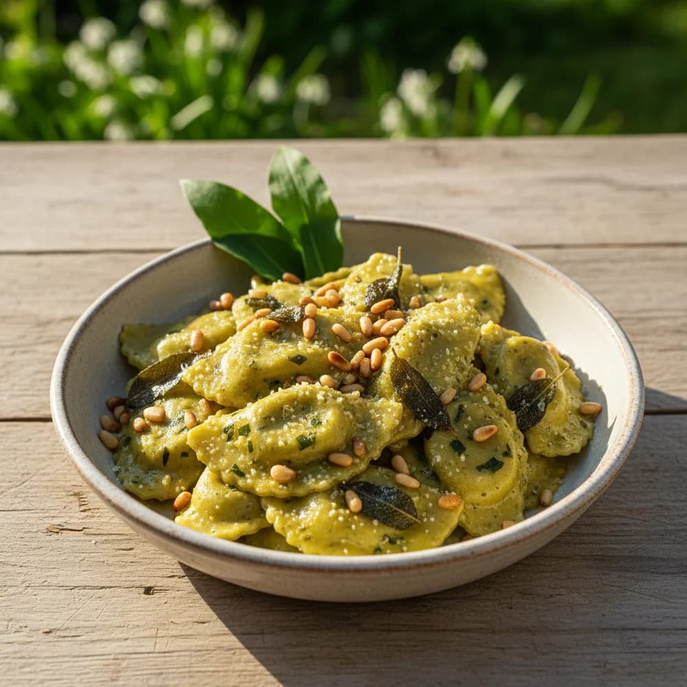 Wild Garlic Ricotta Ravioli with Sage Butter and Toasted Pine Nuts
