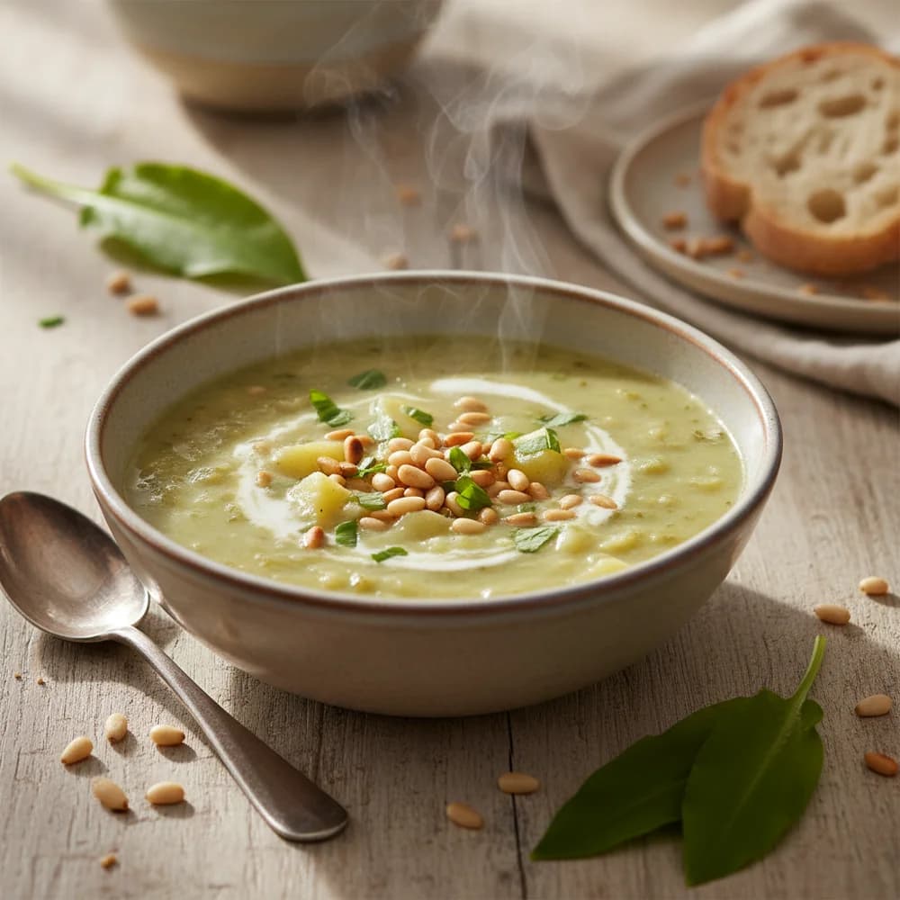 Creamy Wild Garlic and Potato Soup with Toasted Pine Nuts