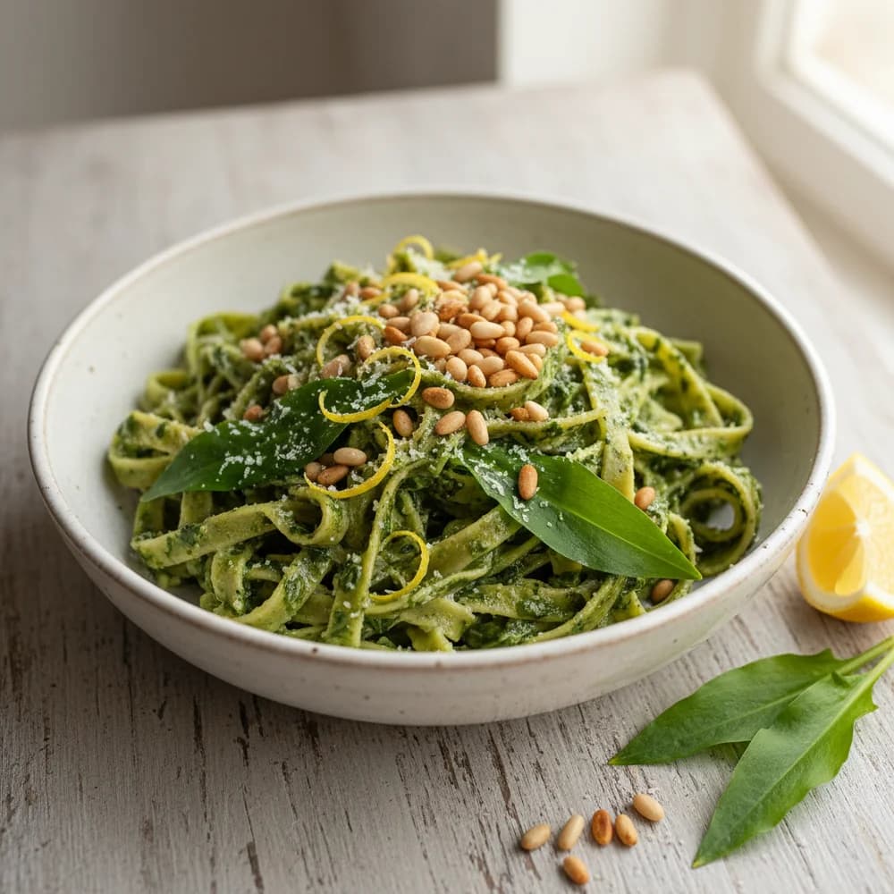 Creamy Wild Garlic and Lemon Pasta with Toasted Pine Nuts