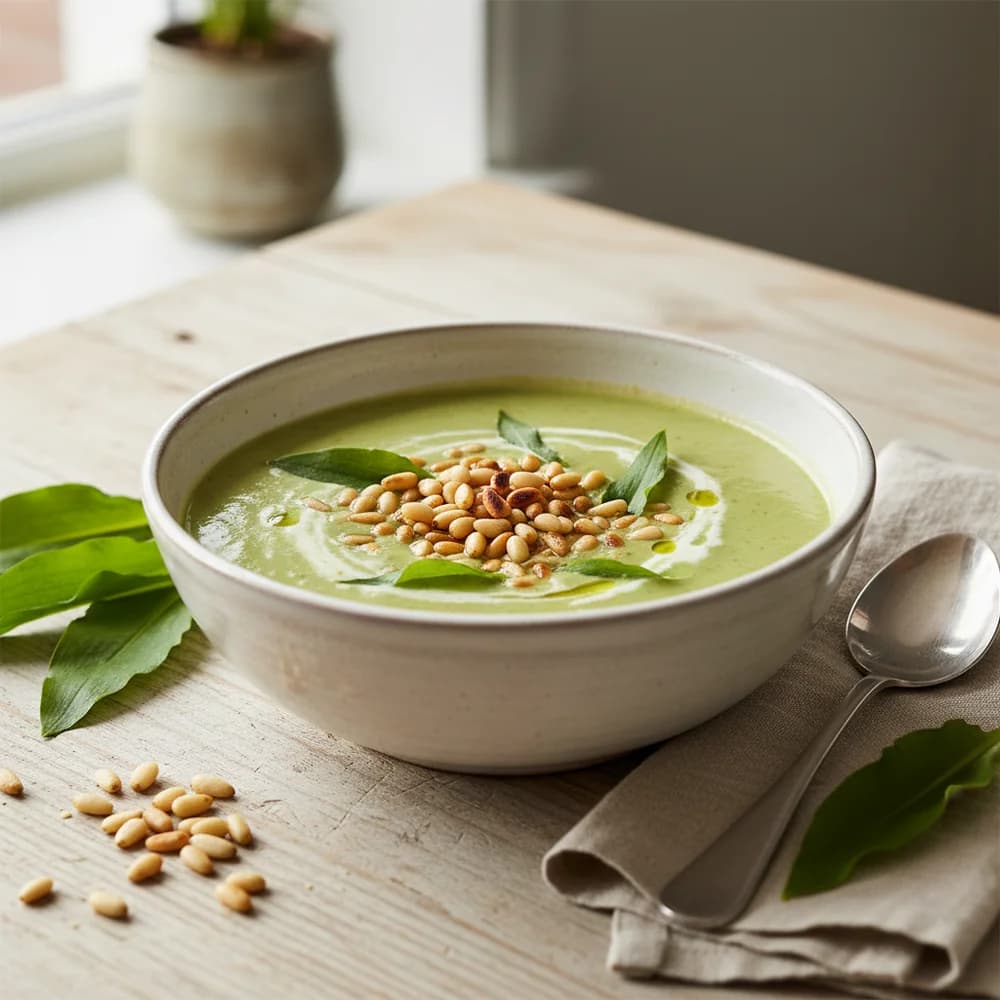 Creamy Wild Garlic Soup with Toasted Pine Nuts