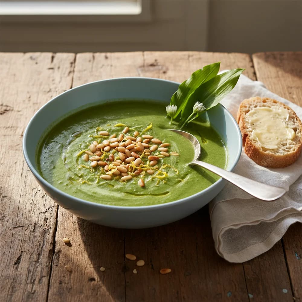 Creamy Wild Garlic Soup with Toasted Pine Nuts and Lemon Zest