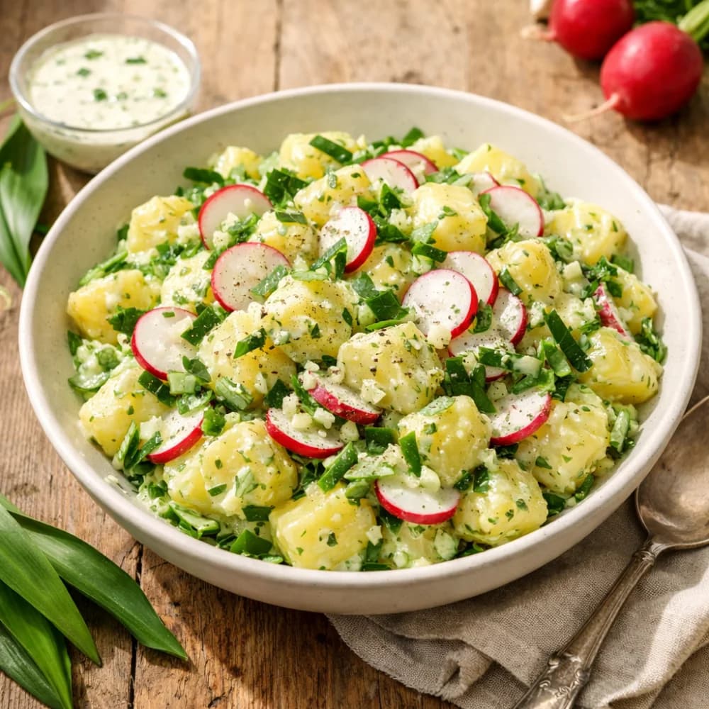 Creamy Wild Garlic Potato Salad with Radishes