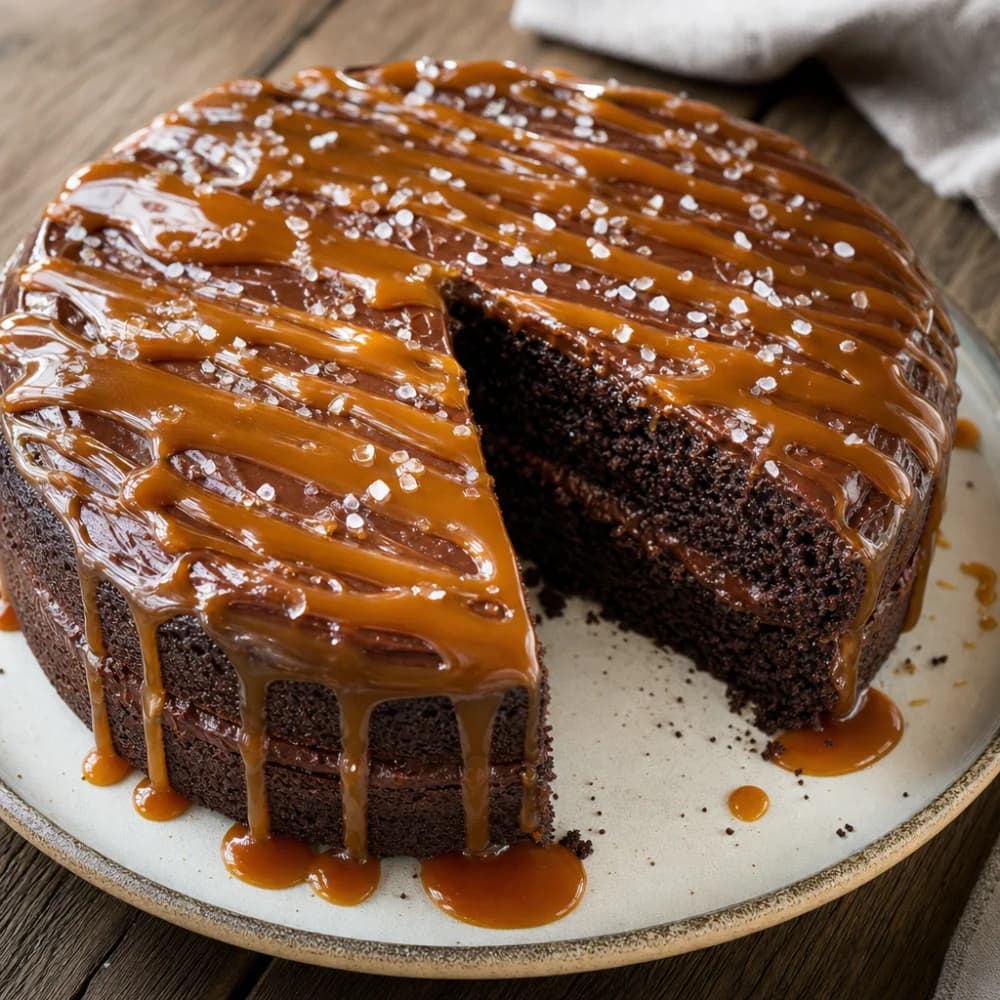 Dad's Decadent Chocolate Stout Cake with Salted Caramel Drizzle