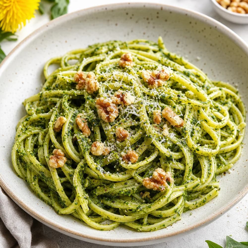 Dandelion Pesto Pasta with Toasted Walnuts