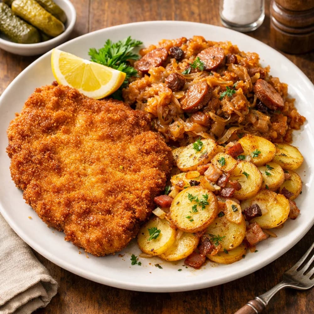 Hearty Schnitzel with Flavorful Bigos and Crispy Roasted Potatoes