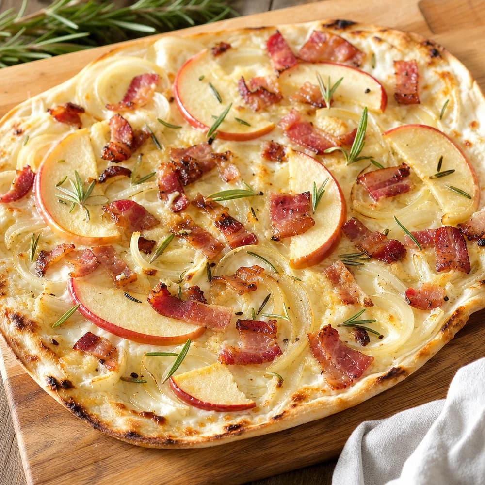 Festive Onion, Bacon, Apple, and Rosemary Flammkuchen