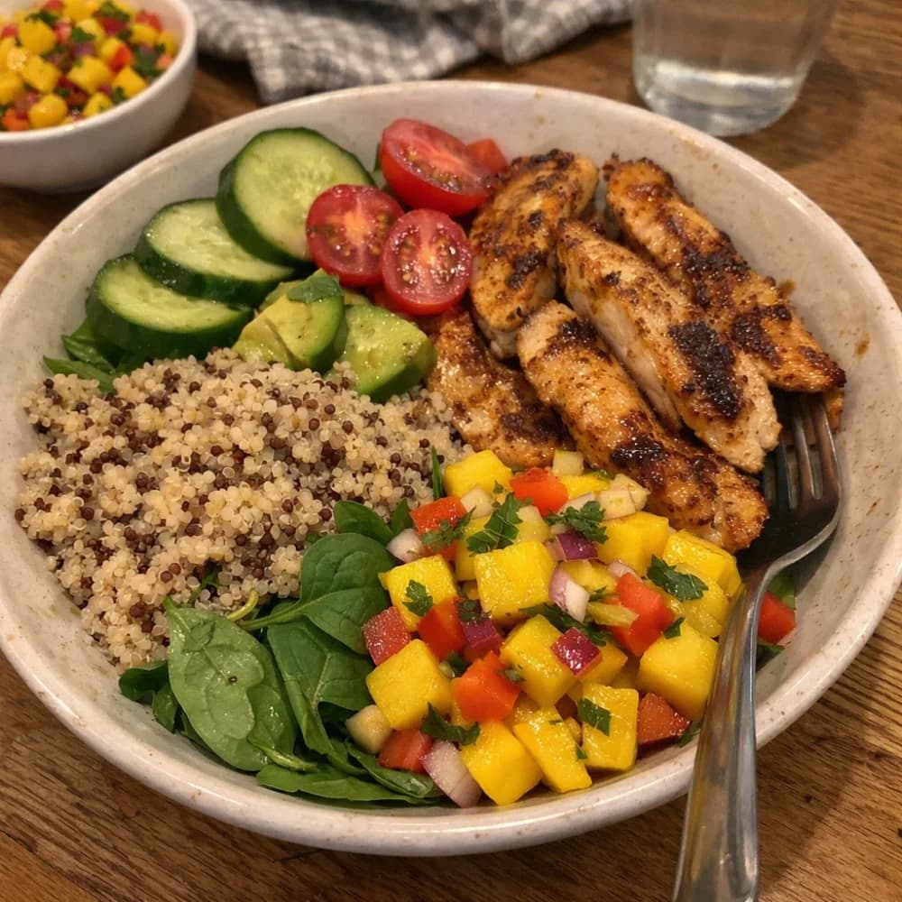 Fitness Bowl with Chicken Strips, Quinoa, and Mango Salsa