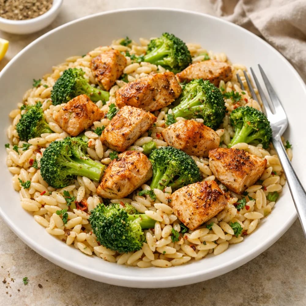 Fitness Orzo Skillet with Spicy Chicken and Broccoli