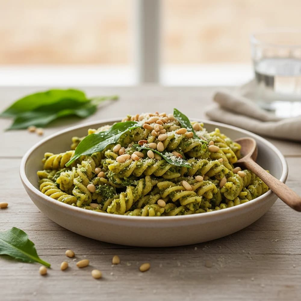 Spring Fresh Wild Garlic Pesto Pasta with Toasted Pine Nuts