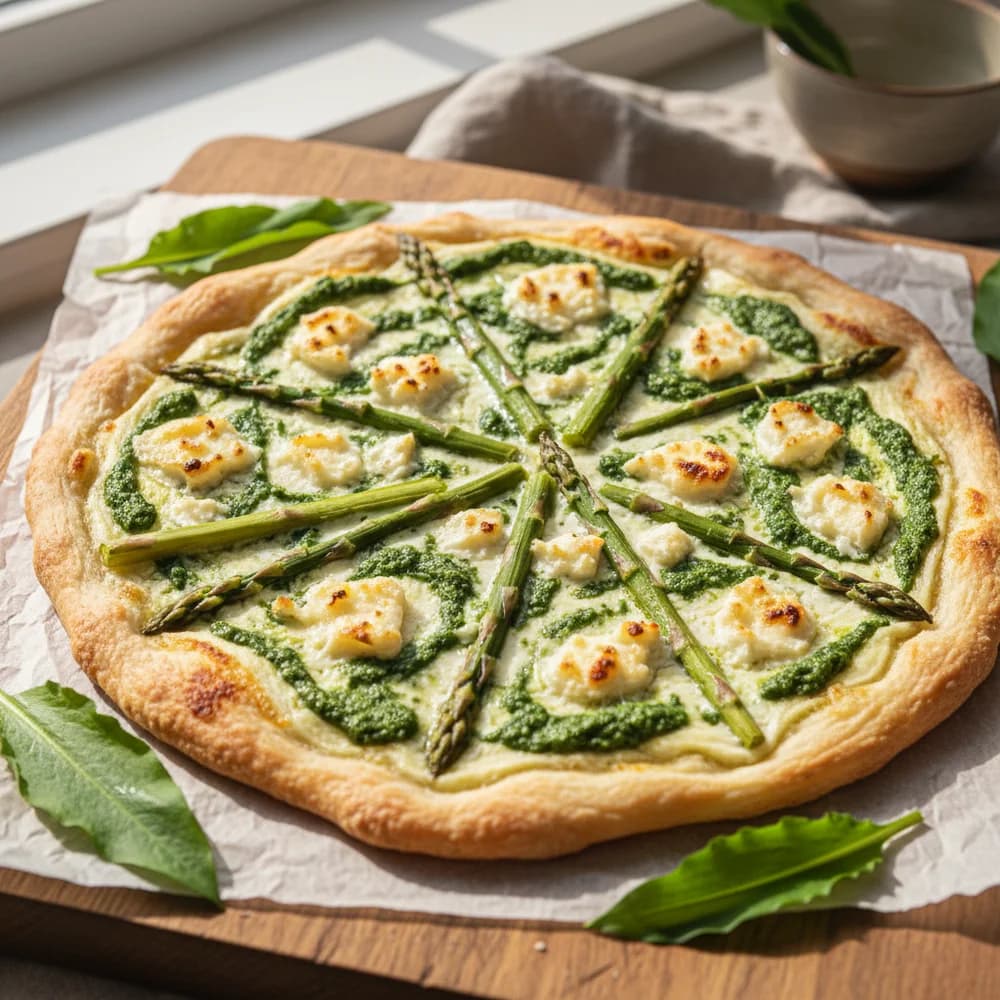 Spring Asparagus Flammkuchen with Wild Garlic Pesto