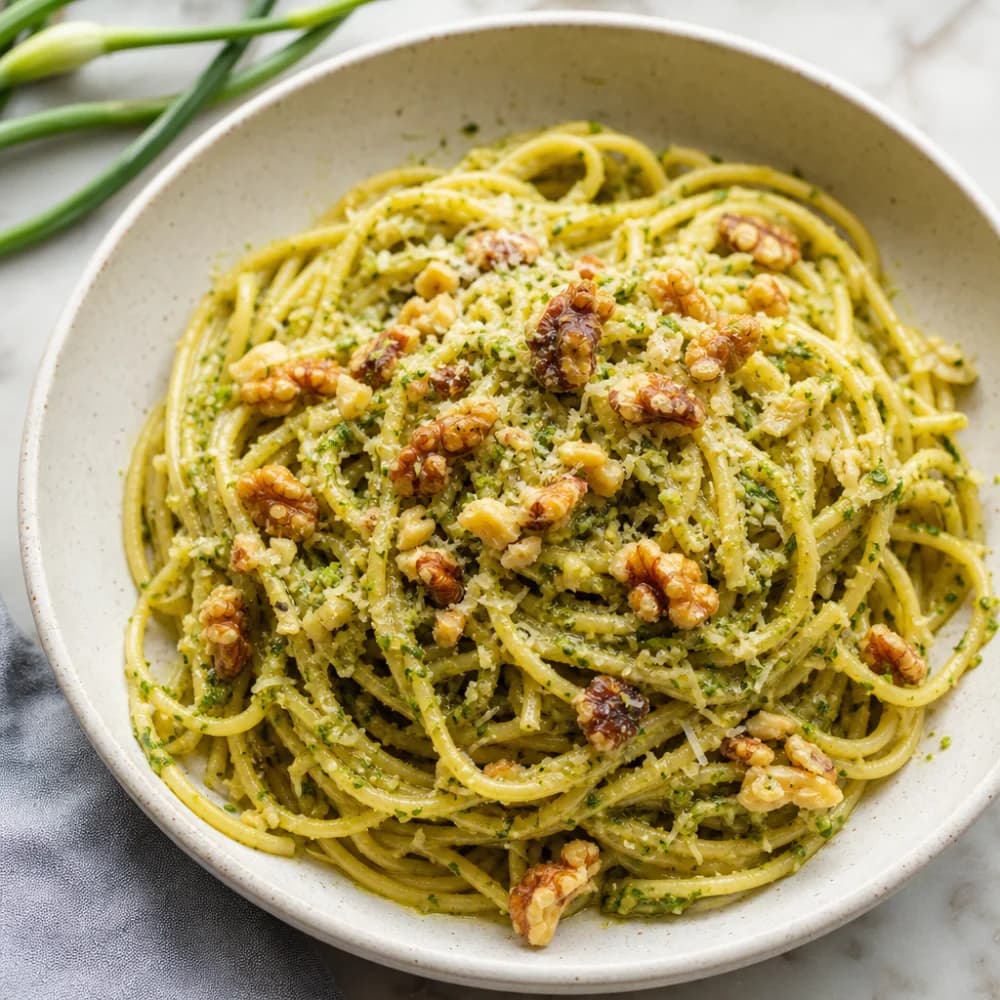 Garlic Scape Pesto Pasta with Toasted Walnuts