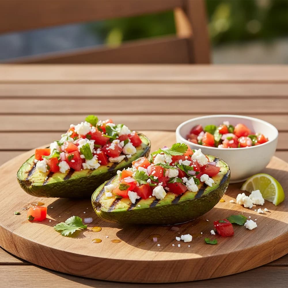 Grilled Stuffed Avocados with Feta and Herb Tomato Salsa