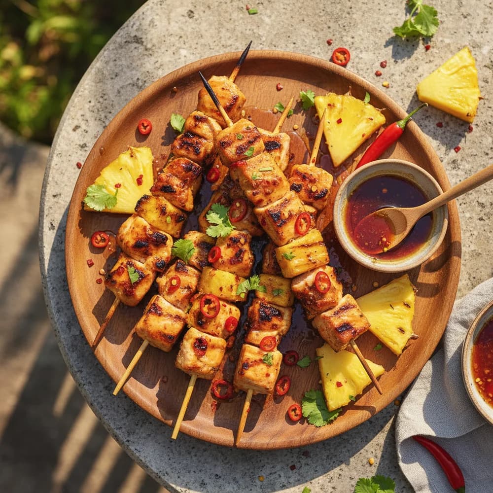 Grilled Chicken and Pineapple Skewers with Honey Chili Glaze