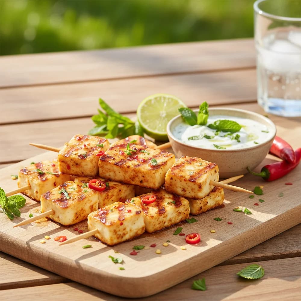 Grilled Halloumi Skewers with Honey-Chili Glaze and Mint Yogurt Dip