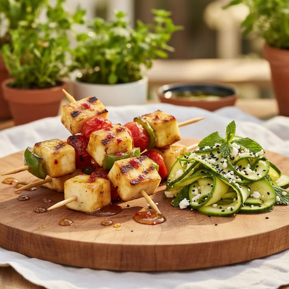 Grilled Halloumi Skewers with Honey-Chili Glaze and Zucchini-Mint Salad