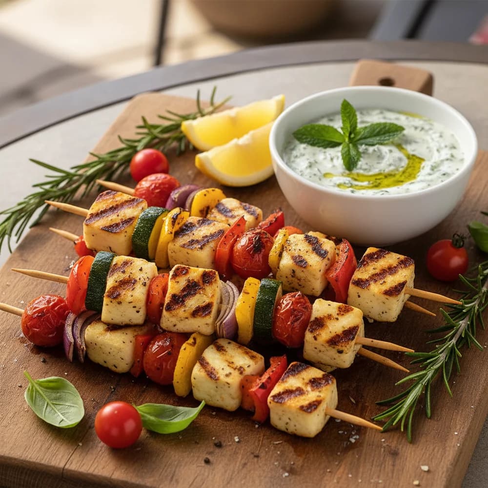 Grilled Halloumi Skewers with Mediterranean Vegetables and Herb-Mint Dip