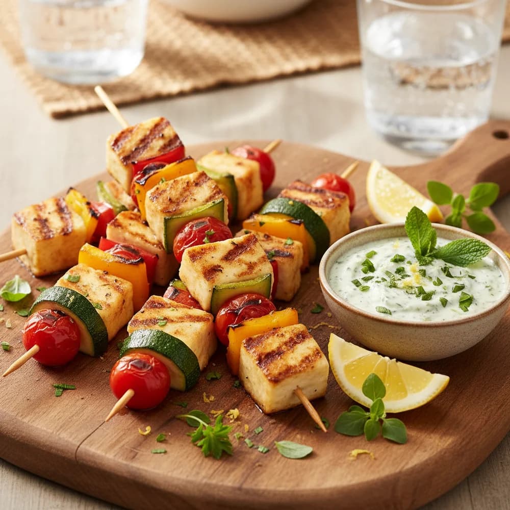 Grilled Halloumi Skewers with Mediterranean Vegetables and Herb-Lemon Dip