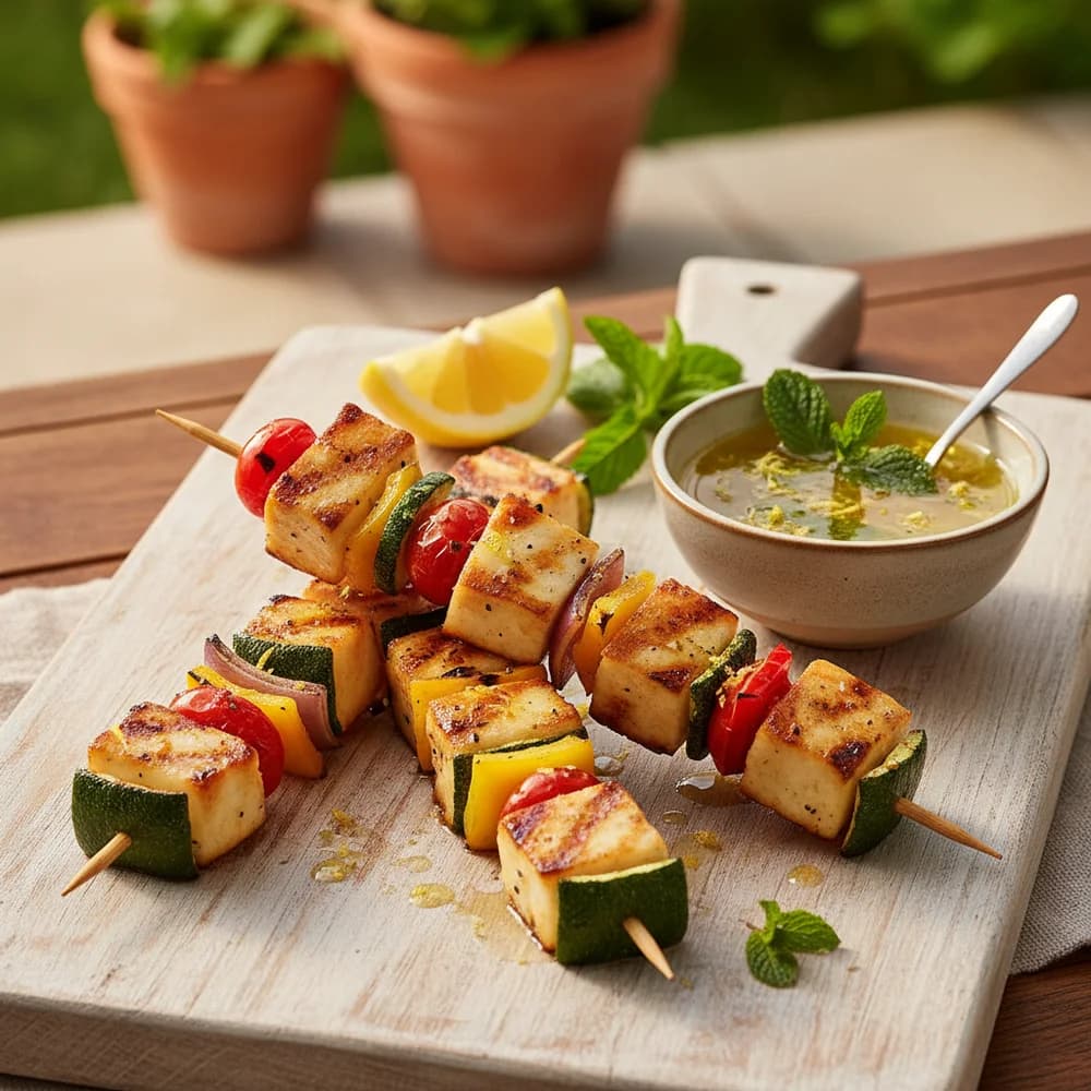 Grilled Halloumi Skewers with Mediterranean Vegetables and Lemon-Mint Vinaigrette
