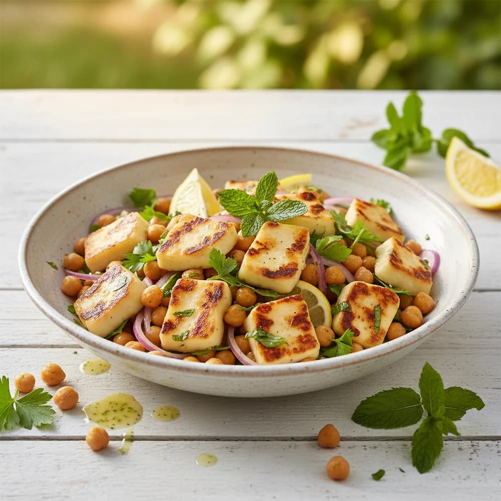 Grilled Halloumi Chickpea Salad with Mint-Lemon Dressing