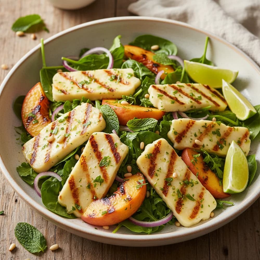 Grilled Halloumi and Peach Salad with Mint-Lime Dressing