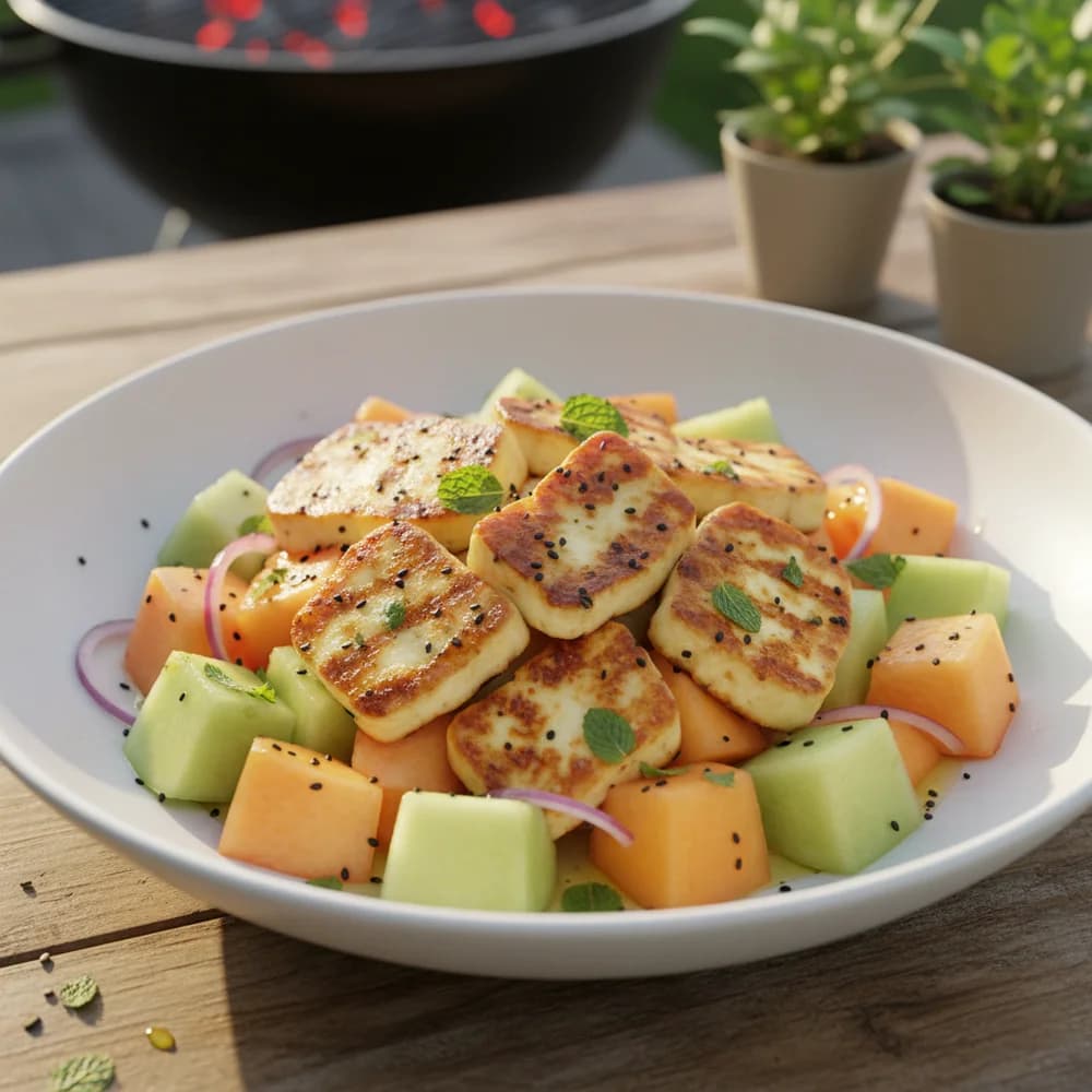 Grilled Halloumi Salad with Melon and Mint