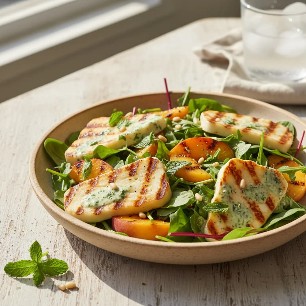 Grilled Halloumi Salad with Peach, Arugula, and Mint Dressing