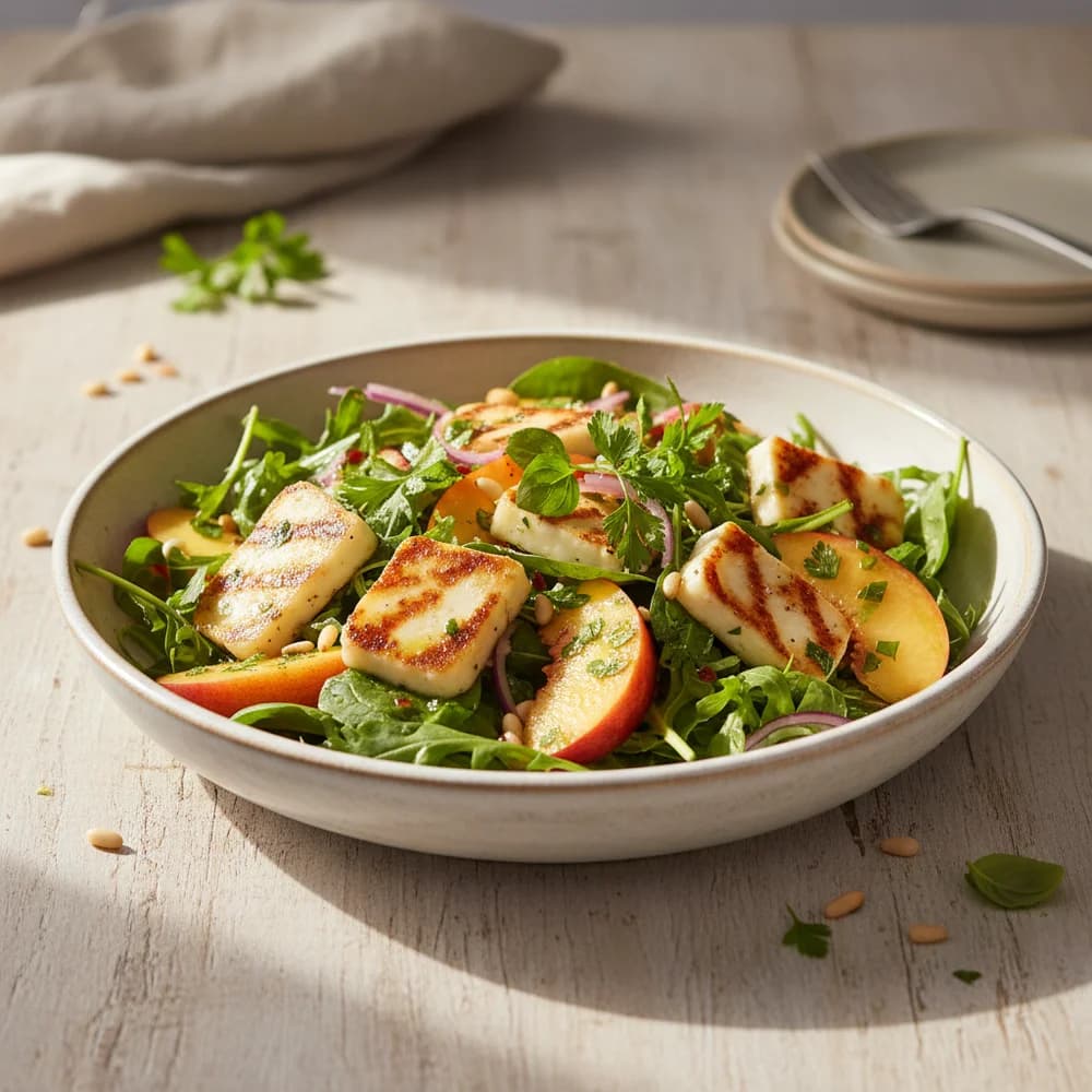 Grilled Halloumi Salad with Peaches and Herb Vinaigrette