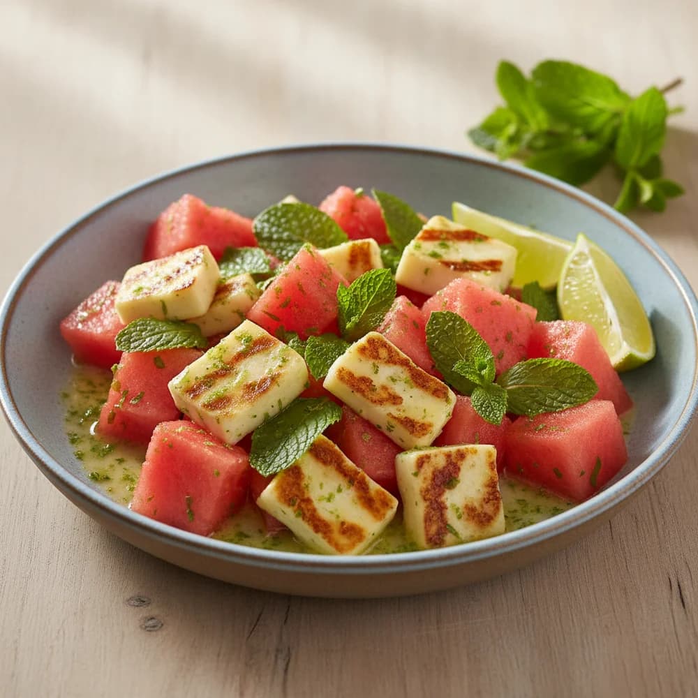 Grilled Halloumi Salad with Watermelon, Mint, and Lime Dressing