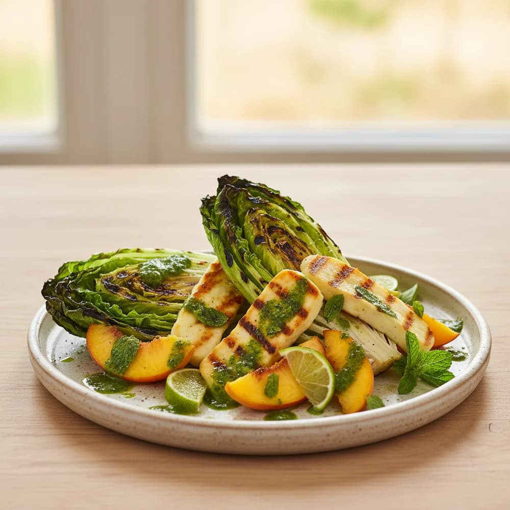 Grilled Romaine Salad with Halloumi, Peach, and Mint-Lime Dressing