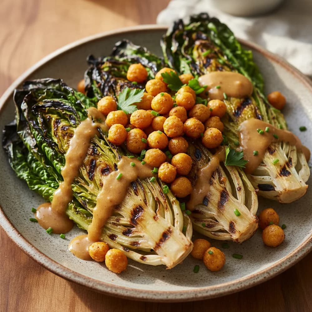 Grilled Romaine Lettuce with Honey-Mustard Dressing and Crispy Chickpeas