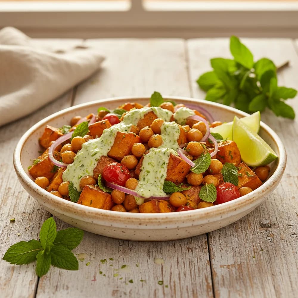 Grill Master's Mediterranean Chickpea Sweet Potato Salad with Mint-Lime Dressing