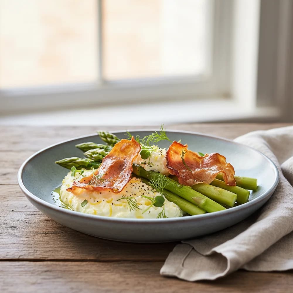 Green Asparagus on Lemon Ricotta with Crispy Prosciutto