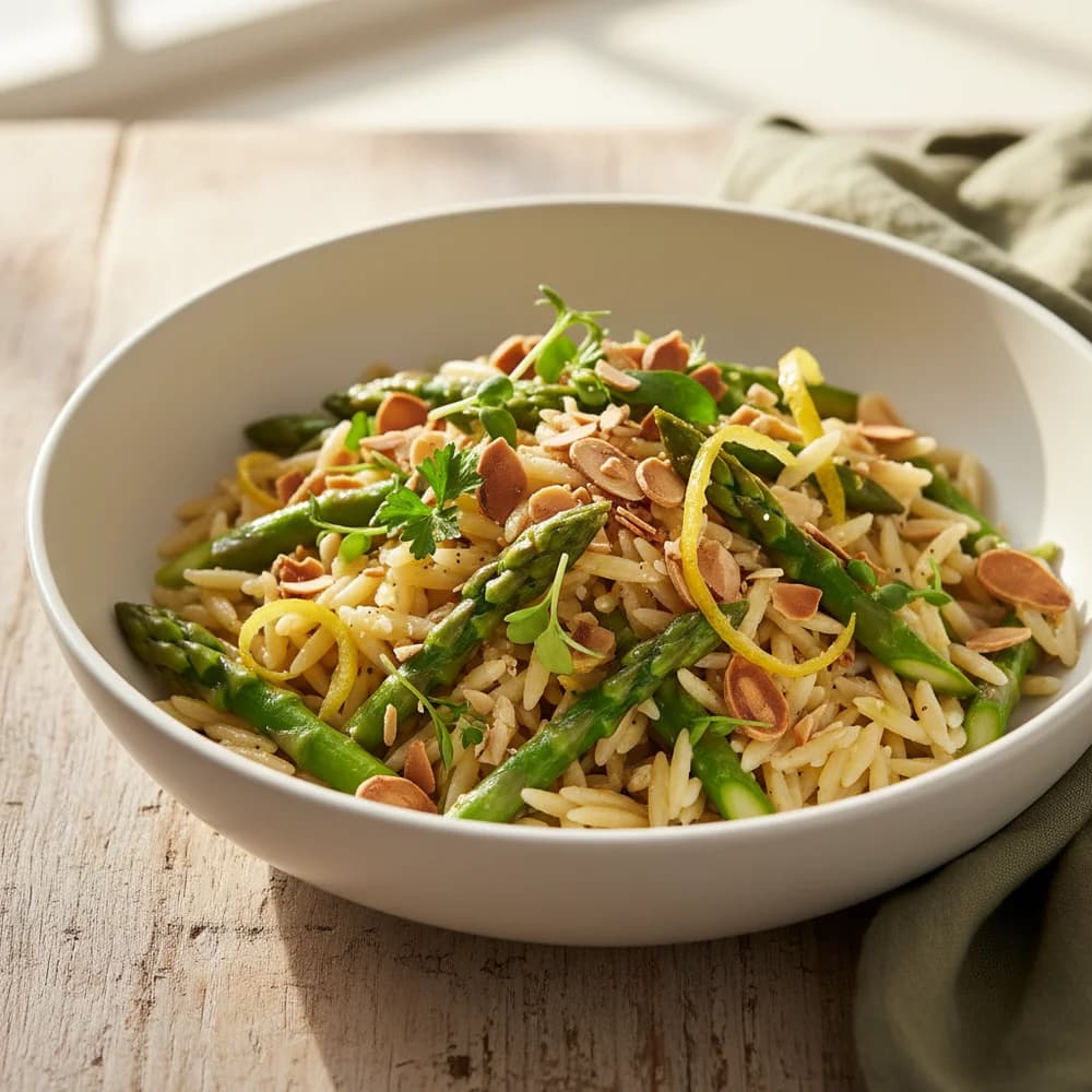 Green Asparagus Orzo with Lemon and Almonds