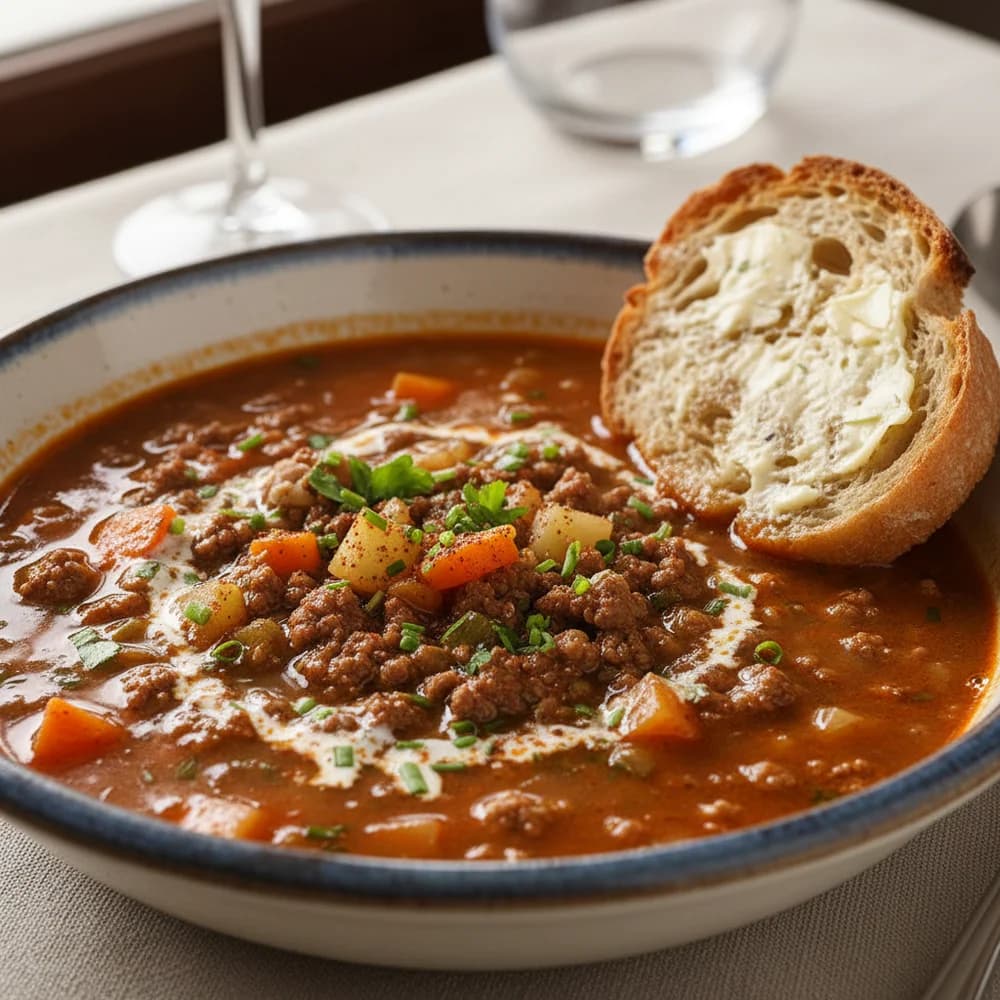 Hearty Ground Meat Soup with Colorful Vegetables