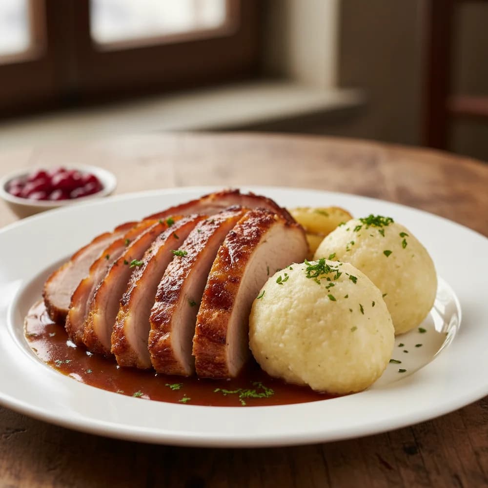 Hearty Pork Roast with Classic Potato Dumplings and Dark Beer Gravy