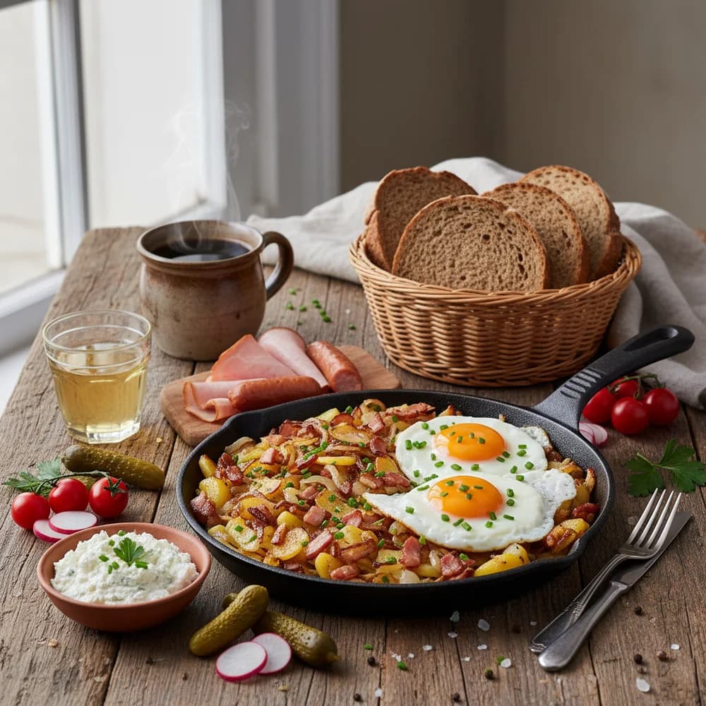 Hearty Farmer's Breakfast with Crispy Bacon and Fresh Herbs