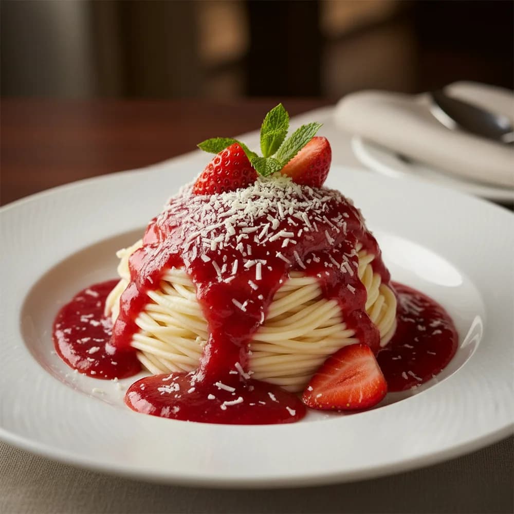 Classic Spaghetti Ice Cream with Strawberry Sauce