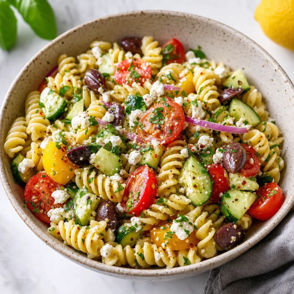 Mediterranean Summer Pasta Salad with Lemon Herb Dressing