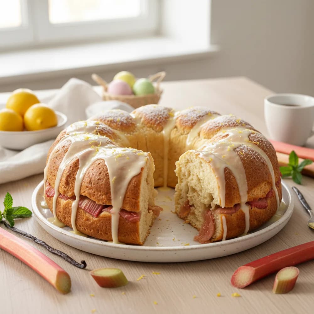 Easter Rhubarb Pull-Apart Bread with Vanilla-Lemon Glaze