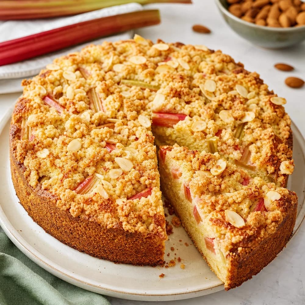 Rhubarb Almond Cake with Crispy Streusel