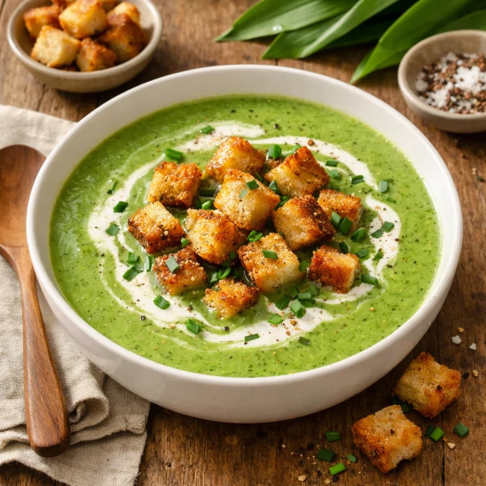 Velvety Wild Garlic Cream Soup with Crispy Croutons