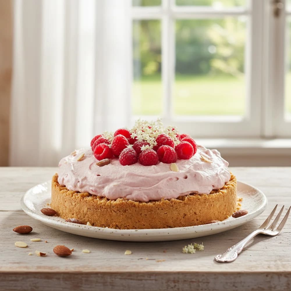 Summer Raspberry Elderflower Cake with Almond Crust