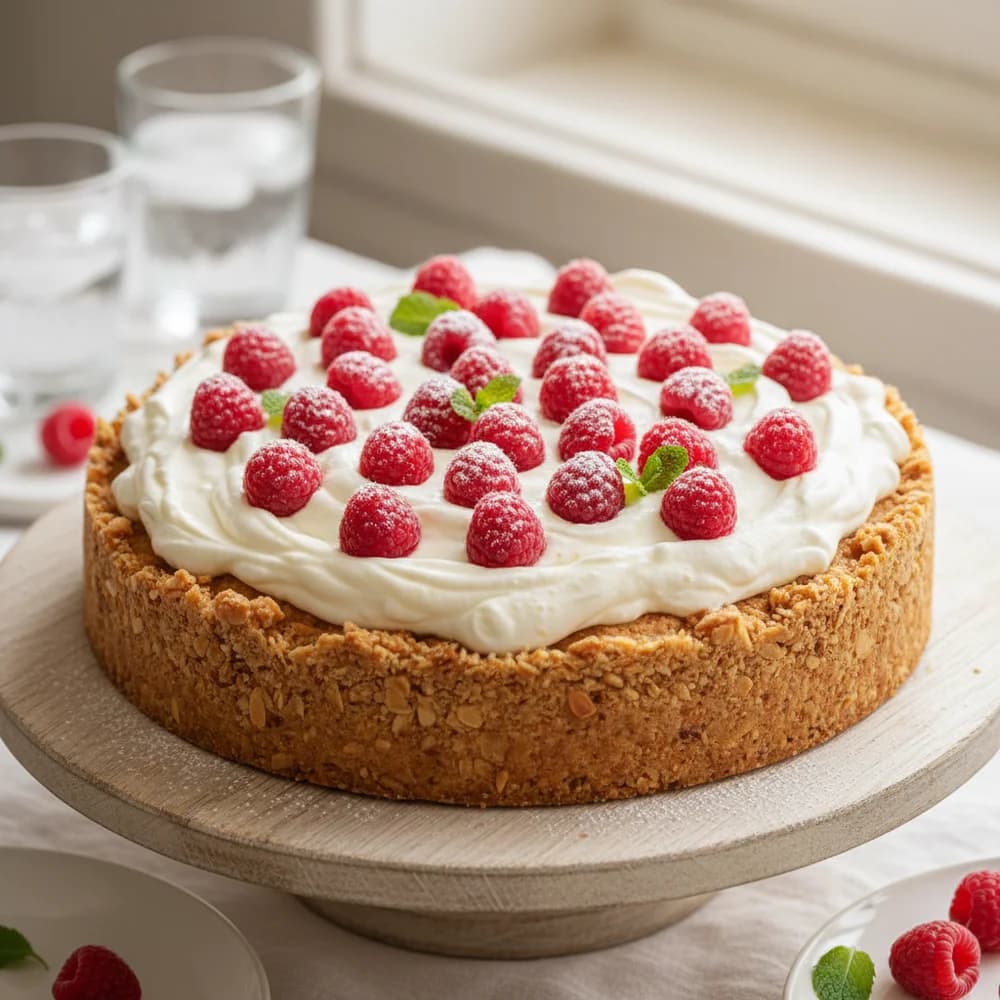 Summer Raspberry Yogurt Cake with Crunchy Almond Crust