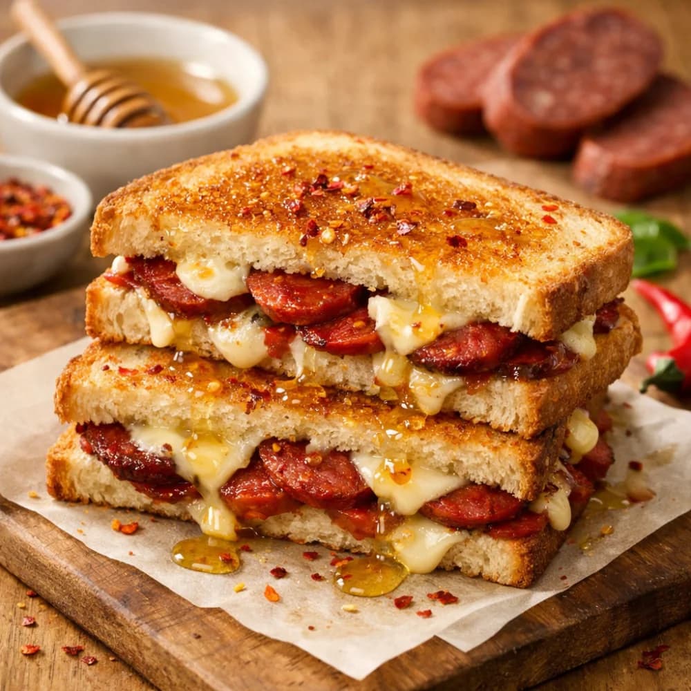 Sucuk and Cheese Toast with Honey Chili Kick