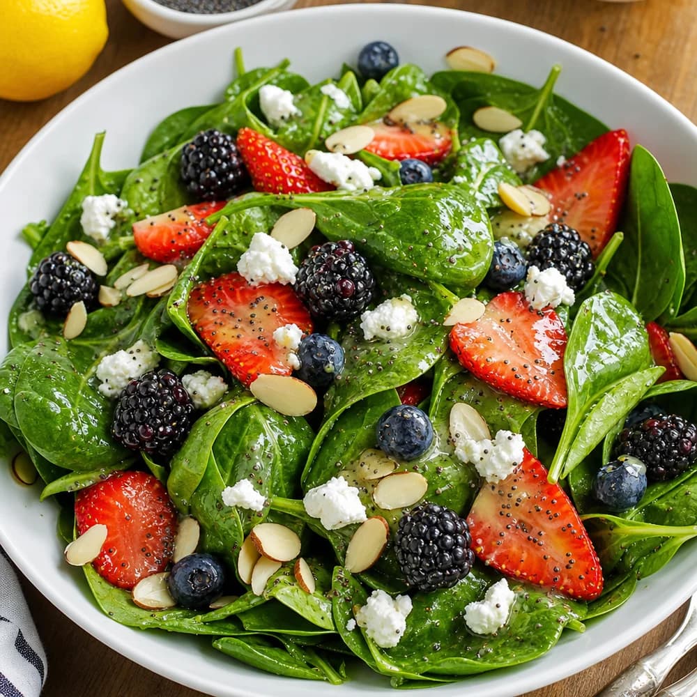 Sunshine Berry & Spinach Salad with Lemon Poppy Seed Dressing