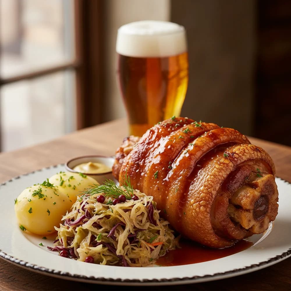 Tender Pork Hock with Hearty Sauerkraut and Pea Puree